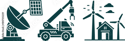Technology Icons Satellite Dish Crane Wind Turbines and House radar antenna