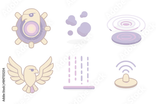 Falcon Resonance Hub. Isometric vector illustration set Falcon Resonance Hub: central pulse module, hovering ink particles,