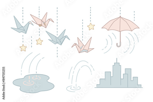 Origami Rainfall Scene. Isometric vector illustration set Origami Rainfall: cranes descending slowly, tiny folded stars, paper