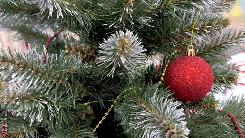 Wallpaper Mural Closeup of Christmas decoration. Iced branches of a fir tree, balls and twinkle lights garland. Celebration winter holidays background. New Year 4k footage. Torontodigital.ca