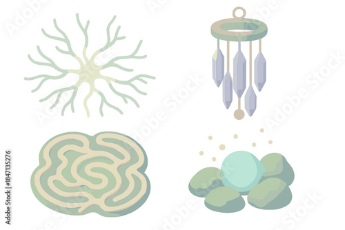 Mycelium Labyrinth Harmony. Isometric vector illustration set Mycelium Labyrinth Chime: glowing fungal network, winding root maze,