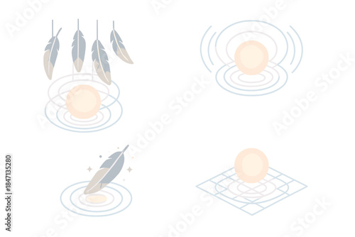 Feather Resonance Core. Isometric vector illustration set Feather Resonance Core: central glowing orb, concentric light rings,