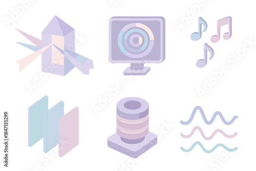 Audio Prism Observatory. Isometric vector illustration set Audio Prism Observatory: refracted sound beams, circular spectrum