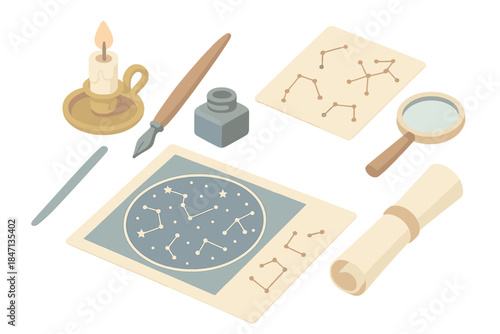 Astronomer's Desk Essentials. Isometric vector illustration set of Astronomer’s Desk: night sky map, ink-dipped pen, constellation