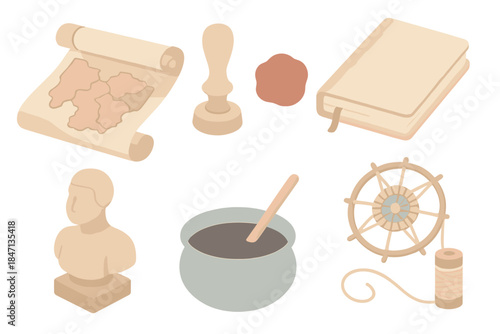 Heritage Craft Icons. Isometric vector illustration set of Heritage Craft Atlas: rolled parchment with regions, artisan stamp seal