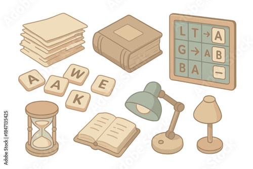 Forgotten Lexicon Icons. Isometric vector illustration set of Forgotten Lexicon Room: stacked parchment piles, ancient dictionary