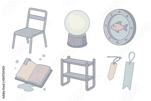 Abyssal Reading Nook. Isometric vector illustration set of Abyssal Reading Corner: steel chair, glowing orb lamp, waterproof book,