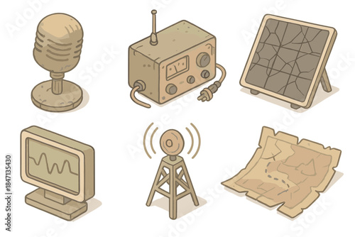 Apocalyptic Broadcast Equipment. Isometric vector illustration set of Post-Apocalyptic Broadcaster: dusty microphone, signal