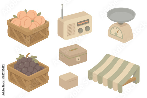 Farmers' Market Icons. Isometric vector illustration set of Farmers’ Morning Stall: woven crates of peaches, old radio, weighing