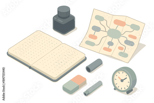 Planning Essentials Icons. Isometric vector illustration set of Concept Planner Scene: dotted notebook, ink refill bottle, folded