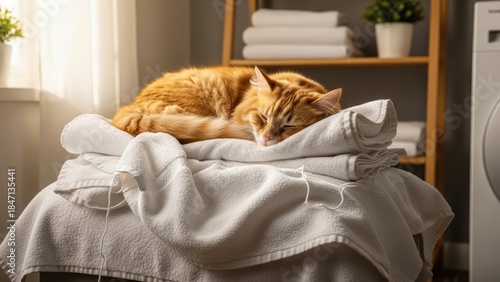 Ginger cat sleeping peacefully on freshly washed towels in sunlit laundry room