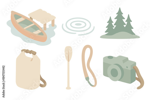 Northern Lake Icons. Isometric vector illustration set of Northern Lake Expedition: canoe beside dock, water ripple pattern, pine