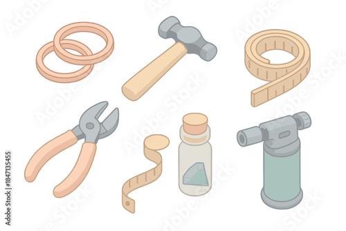 Mechanical Jewelry Workshop. Isometric vector illustration set of Mechanical Jewelry Bench: copper wire rings, mini hammer, wire
