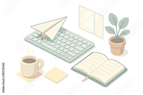 Office Daydream Icons. Isometric vector illustration set of Office Daydream Scene: paper airplane on keyboard, coffee mug, sticky
