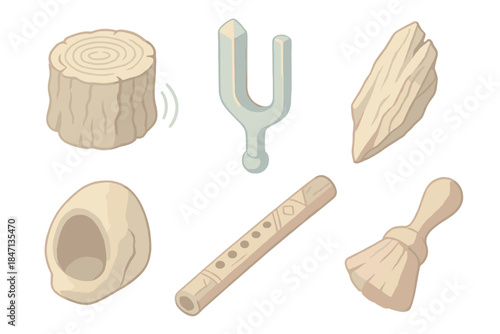 Ancient Sound Relics. Isometric vector illustration set of Ancient Sound Relics: fossilized tree trunk with resonance lines,