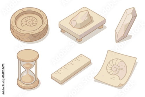 Geological Symphony Tools. Isometric vector illustration set of Geological Symphony Tools: petrified drum ring, mineral resonance