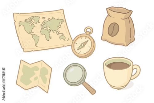 Coffee Journey Icons. Isometric vector illustration set of Coffee Origin Atlas: hand-drawn world map, coffee bean bag, compass,