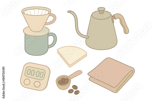 Slow Brew Essentials. Isometric vector illustration set of Slow Brew Essentials: dripper on mug, bloom kettle, filter paper,
