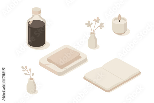 Minimal Coffee Aesthetic. Isometric vector illustration set Minimal Coffee Aesthetics: cold brew bottle, marble tray, linen napkin