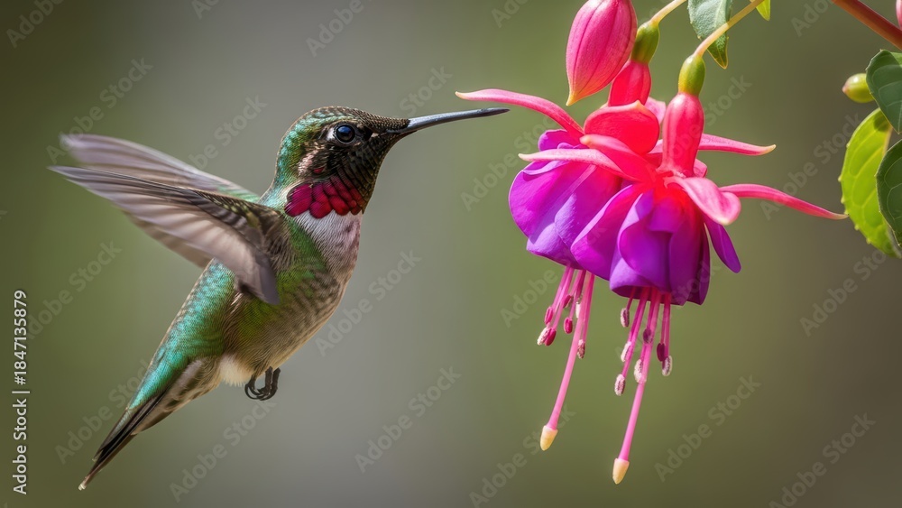 Naklejka premium Hummingbird feeding on vibrant pink and purple fuchsia flower in flight