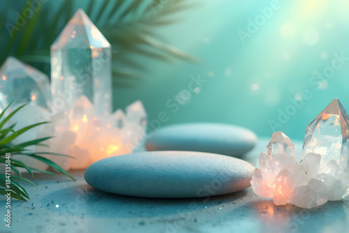 Stone Podium with Glowing Quartz Crystals and Palm Leaves for Product Display - AI generated