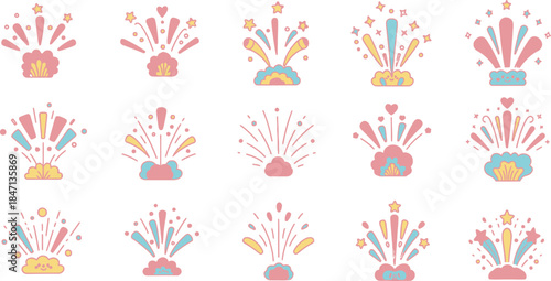 Cute pastel colored celebratory burst icon collection for festive party decorations and happy event graphic design elements