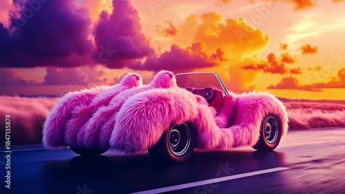 A pink car with fluffy pink fur on the hood driving down a road