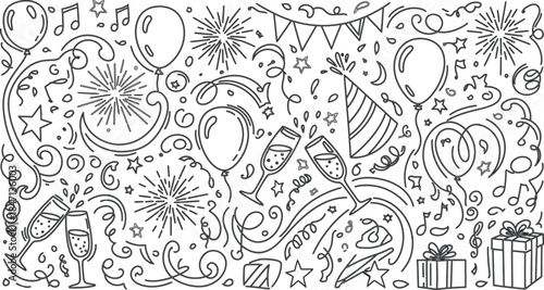 Lively handdrawn doodle pattern featuring an array of festive celebration elements like balloons confetti and champagne glasses perfect for any joyous occasion