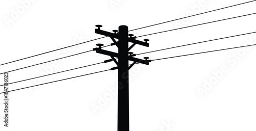 Black silhouette of a telephone pole with wires and insulators on a white background Keywords: telephone pole, power lines