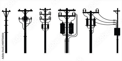 Black Silhouettes of Electricity Poles with Transformers and Insulators Keywords: electricity pole, power line, transformer