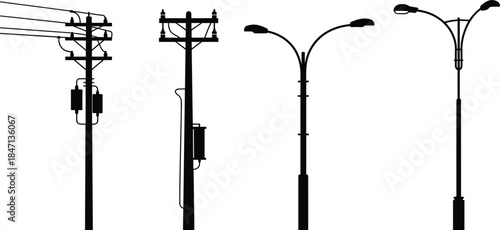 Black Silhouettes of Utility Poles with Transformers and Decorative Street Lights power line lamppost