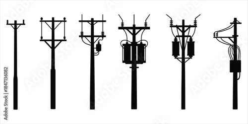 Collection of Black Silhouettes of Electrical Poles with Transformers on White utility pole power pole