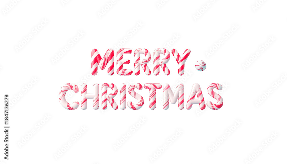 Fototapeta premium Merry Christmas text design with a sweet candy cane texture. 3D rendered festive typography with red and white stripes. Holiday greeting element isolated on a transparent background for easy use.