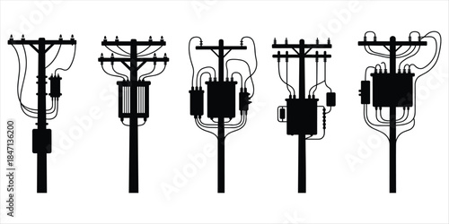 Collection Of Electrical Utility Poles With Transformers And Wires Silhouettes vector