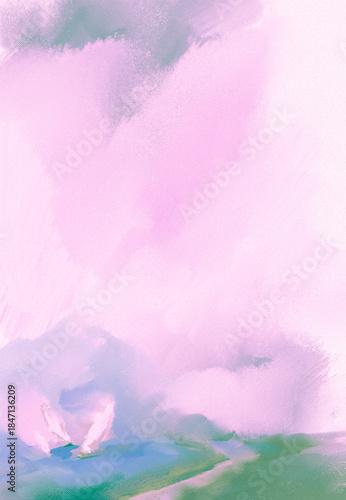 Impressionistic Seascape of 3 Sailboats Near the Shoreline Under Puffy Billowing Clouds in Sky Above - Digital Design, Art, Painting, Illustration, Artwork-In Lavender, Pink, & Purple