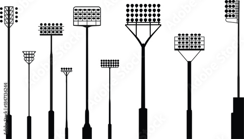 Collection of Stadium Floodlight Silhouettes on White Background stadium light spotlight