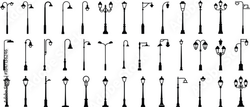 Bild auf Leinwand Collection of Silhouetted Street Lamp Designs and Styles Keywords: street lamp,