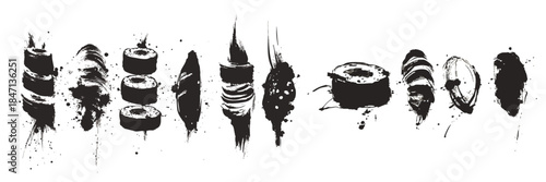 Hand painted oriental asian sushi icons set in traditional black ink brush stroke drawing style