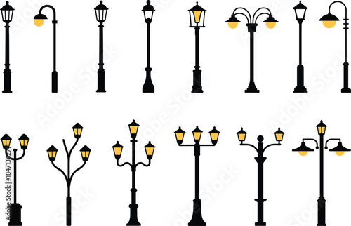 Collection of vintage and modern street lamp post designs with glowing yellow lights street light lamppost