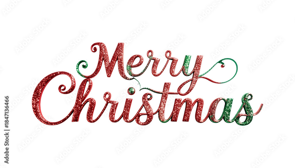 Fototapeta premium Elegant Merry Christmas calligraphy text with a sparkling red and green glitter effect. Festive holiday typography asset isolated on a transparent background for easy design integration.