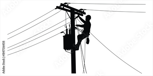 Lineman silhouette working on a utility pole with transformer and wires Keywords: electricity, power, lineman, utility pole