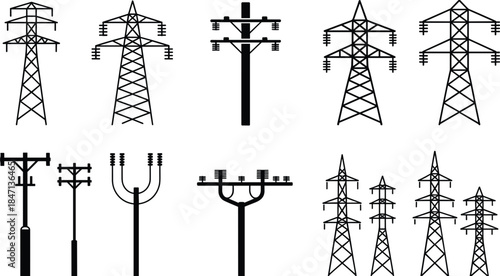 Group of Electricity Transmission Towers and Poles in Silhouette Keywords: electricity pylon, power line tower, transmission