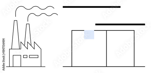 Factory with chimneys emitting smoke next to a lined warehouse. Ideal for industry, manufacturing, production, logistics, storage, supply chain, infrastructure themes. Simple flat metaphor