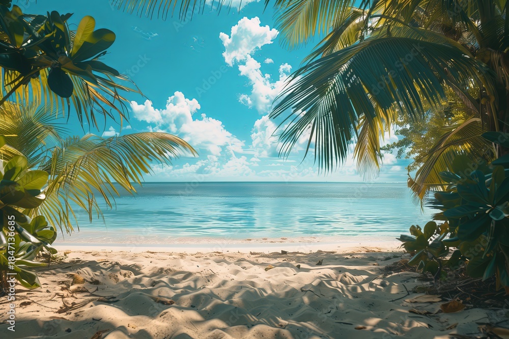 Naklejka premium Beautiful beach scene with clear water and palm trees showing a sunny day in a tropical location