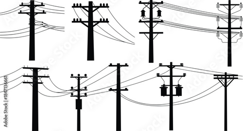 Set Of Black Silhouette Utility Poles With Electrical Wires And Insulators vector illustration
