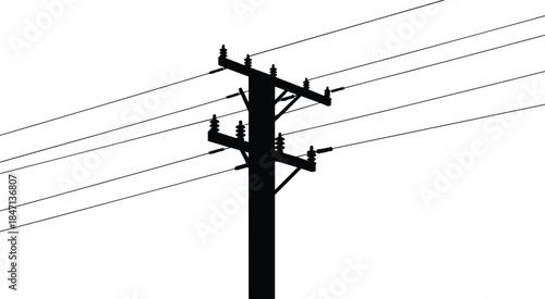 Silhouette of a utility pole with multiple power lines and insulators Keywords: utility pole, power lines, electricity