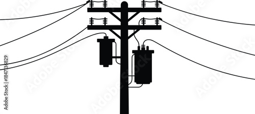Silhouette of a utility pole with transformers and overhead power lines electricity wire