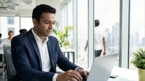 Busy middle aged professional business man executive investor using computer working at desk. Male manager expert looking at laptop thinking on online finance market analysis, elearning in office.