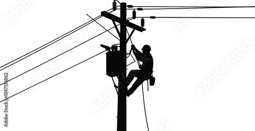 Silhouette of an electrician climbing a utility pole with a transformer power line worker
