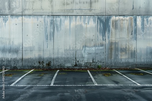 Concrete wall and empty parking lot in an urban area during overcast weather